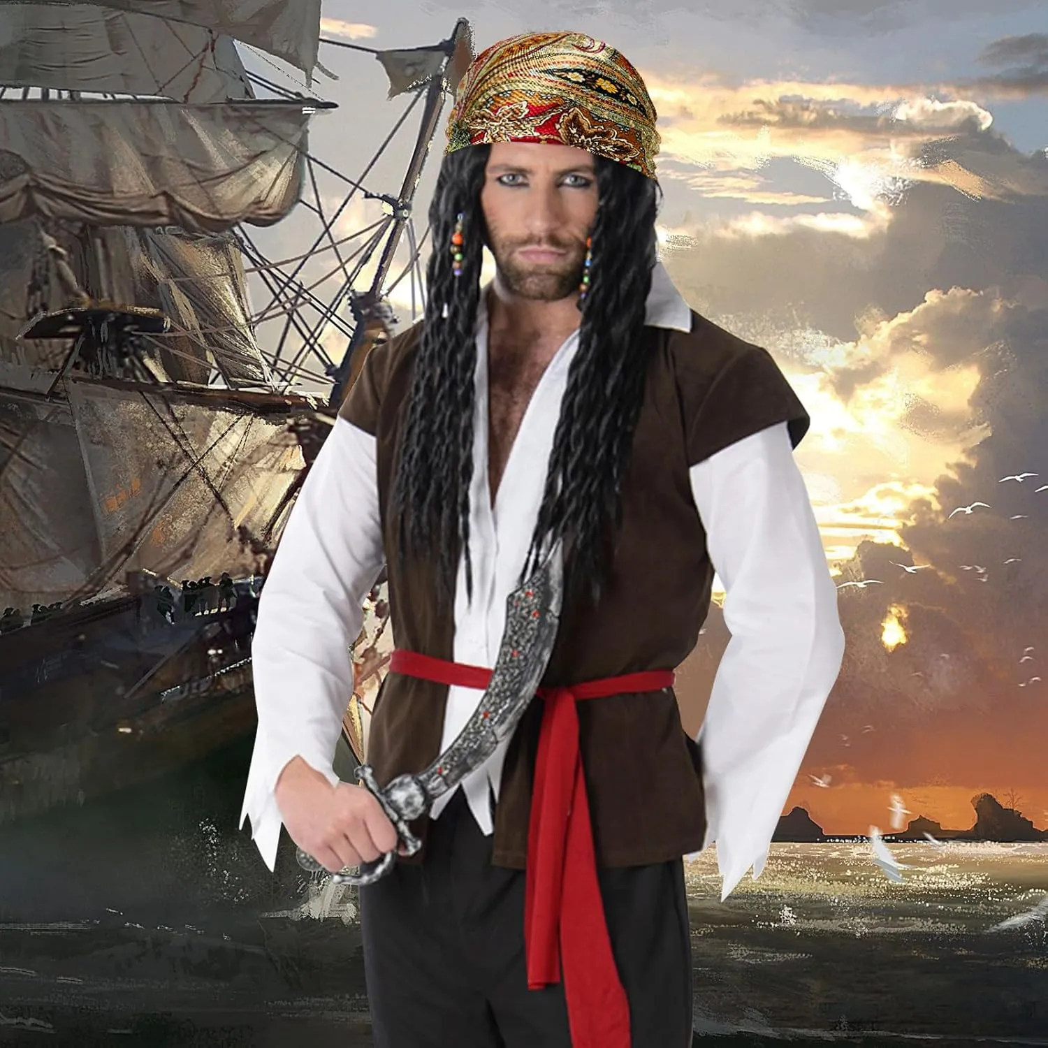 Pirate Costume Accessories Set Women Men Pirate Head Scarf Hat Pirate Eye Patch Headband Cosplay for Halloween Costume Party