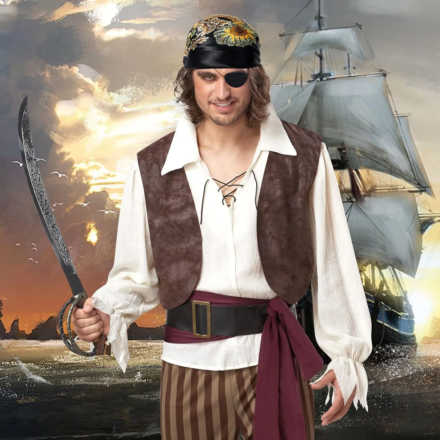 Pirate Costume Accessories Set Women Men Pirate Head Scarf Hat Pirate Eye Patch Headband Cosplay for Halloween Costume Party