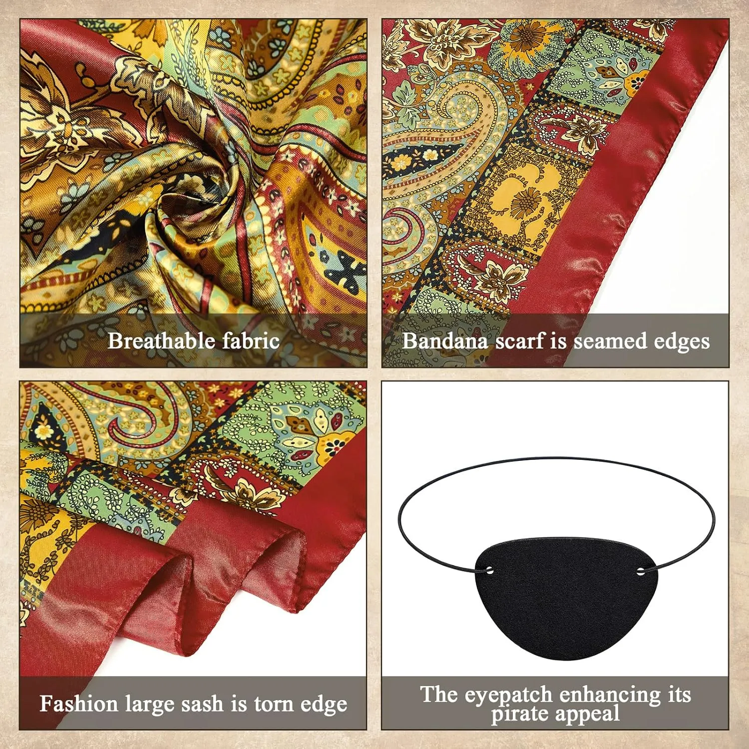 Pirate Costume Accessories Set Women Men Pirate Head Scarf Hat Pirate Eye Patch Headband Cosplay for Halloween Costume Party