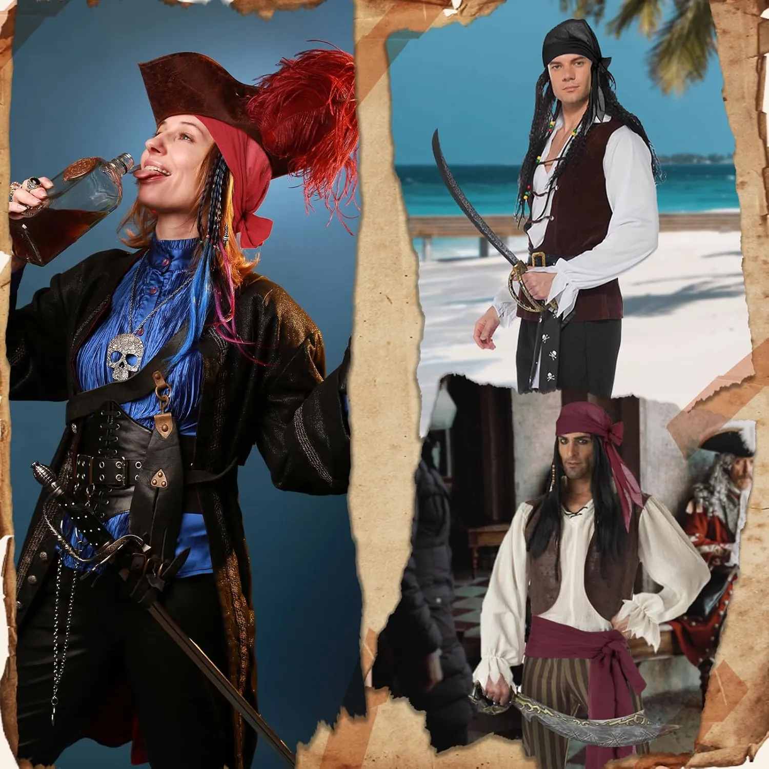 Pirate Costume Halloween Accessories - Head Scarf Hat, Waist Belt, Bandana Headband for Women Men - Renaissance Cosplay