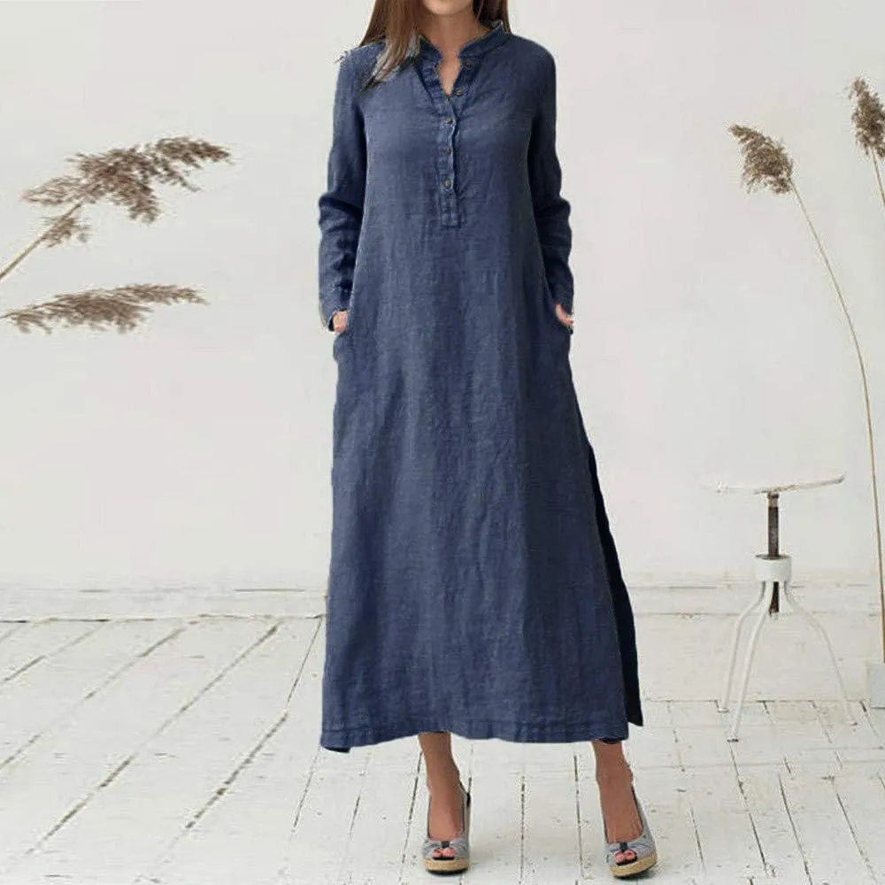 Plain Maxi Long Dress Women's Kaftan Cotton Long Sleeve Casaul Oversized Dress