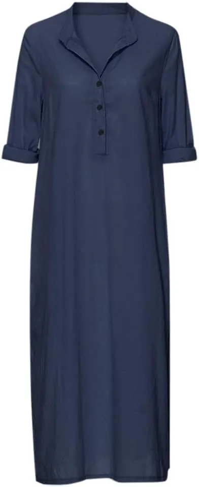 Plain Maxi Long Dress Women's Kaftan Cotton Long Sleeve Casaul Oversized Dress