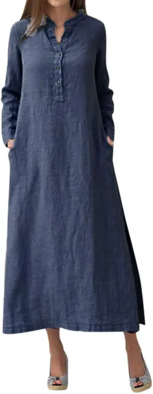 Plain Maxi Long Dress Women's Kaftan Cotton Long Sleeve Casaul Oversized Dress