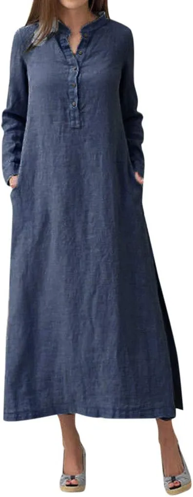 Plain Maxi Long Dress Women's Kaftan Cotton Long Sleeve Casaul Oversized Dress