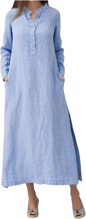 Plain Maxi Long Dress Women's Kaftan Cotton Long Sleeve Casaul Oversized Dress