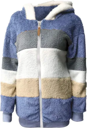 Plus Size Winter Coats for Women Fuzzy Fleece Sherpa Hooded Jacket with Pocket Colorblock Zip Up Coat Winter Warm Top