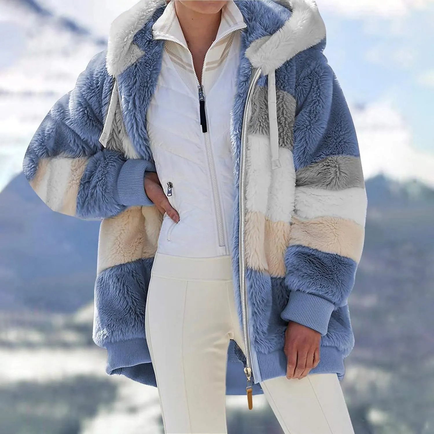 Plus Size Winter Coats for Women Fuzzy Fleece Sherpa Hooded Jacket with Pocket Colorblock Zip Up Coat Winter Warm Top