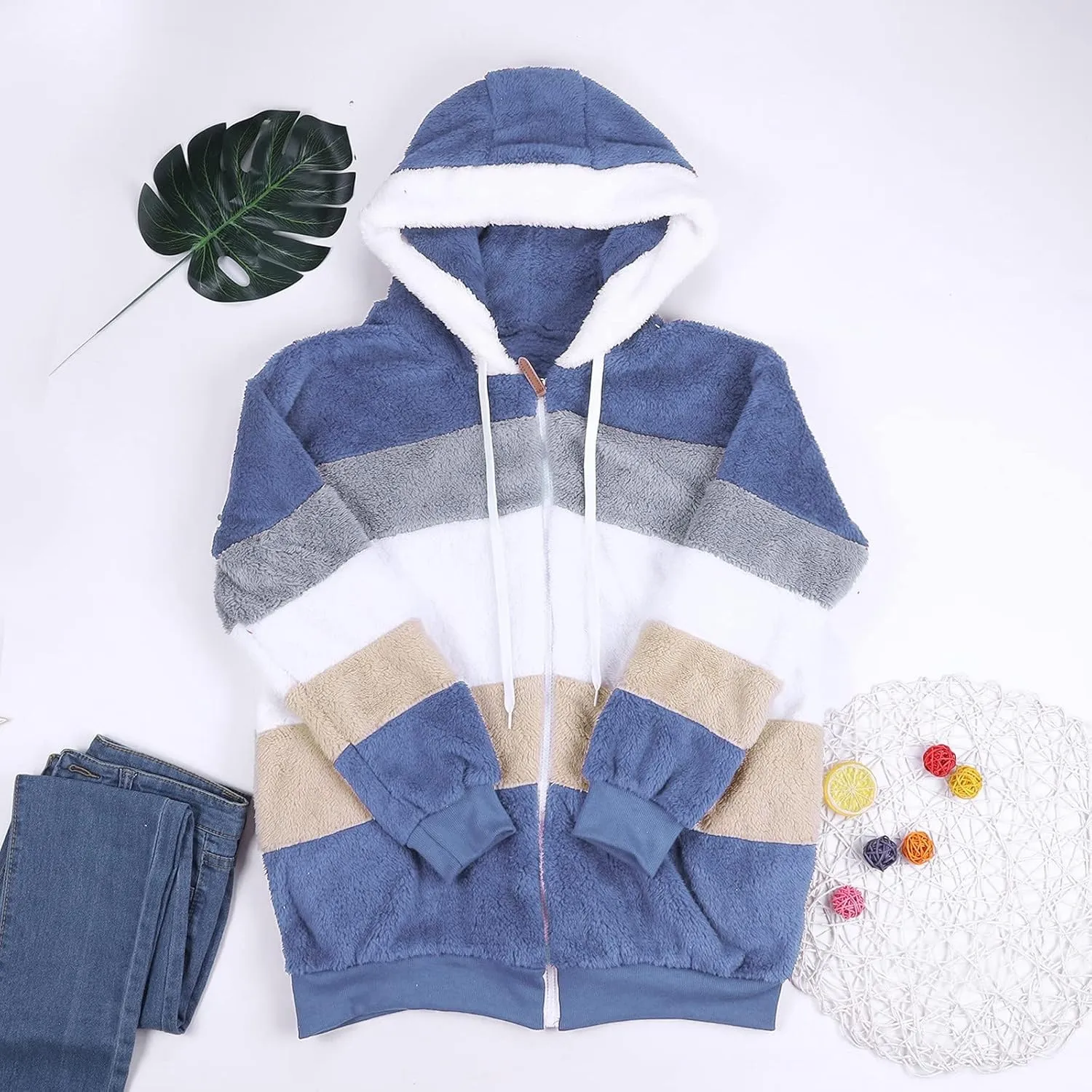 Plus Size Winter Coats for Women Fuzzy Fleece Sherpa Hooded Jacket with Pocket Colorblock Zip Up Coat Winter Warm Top