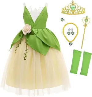 Princess Tiana Costume for Girls Green Frog Fairy Fancy Dress Halloween Birthday Party Outfits Clothes