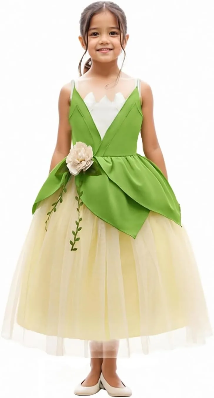 Princess Tiana Costume for Girls Green Frog Fairy Fancy Dress Halloween Birthday Party Outfits Clothes