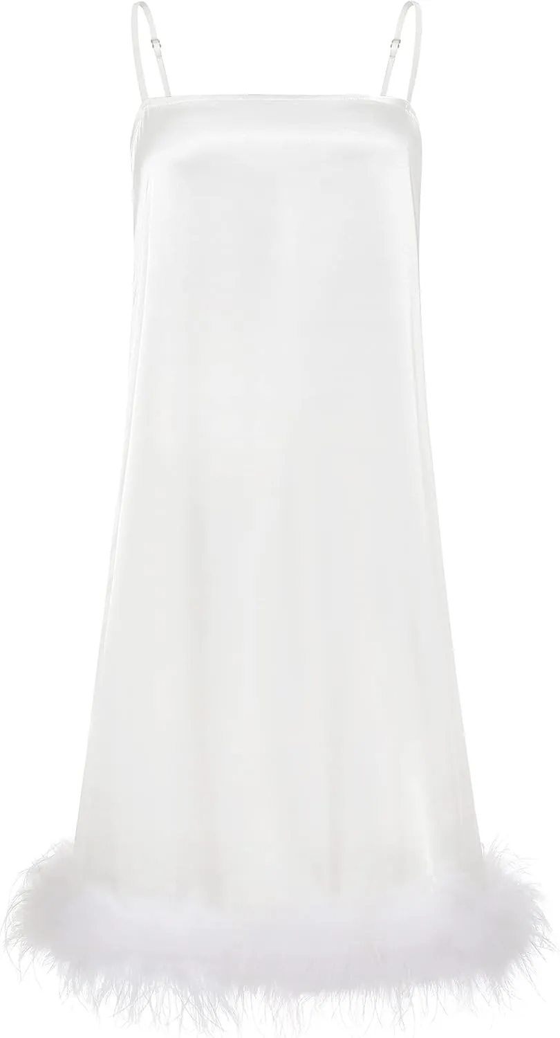 PRODESIGN Women's Full Slips White Spaghetti Strap Under Dress with Fluffy Feathers