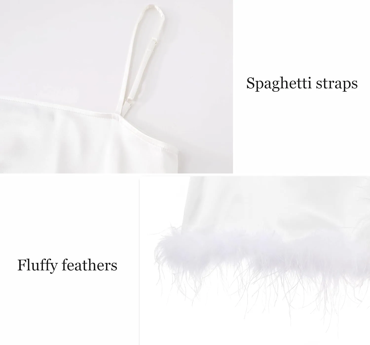 PRODESIGN Women's Full Slips White Spaghetti Strap Under Dress with Fluffy Feathers