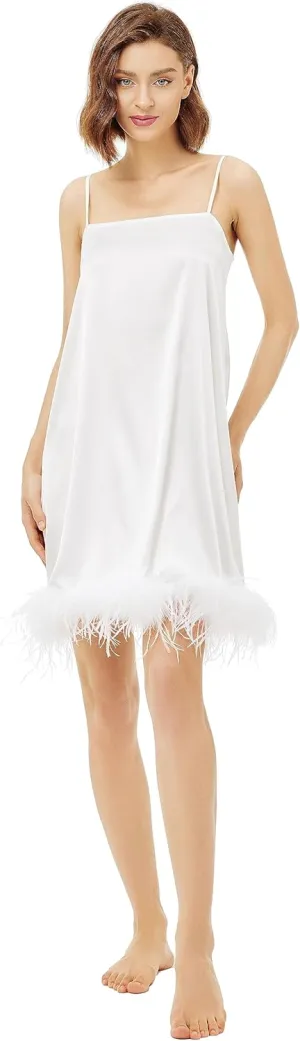 PRODESIGN Women's Full Slips White Spaghetti Strap Under Dress with Fluffy Feathers