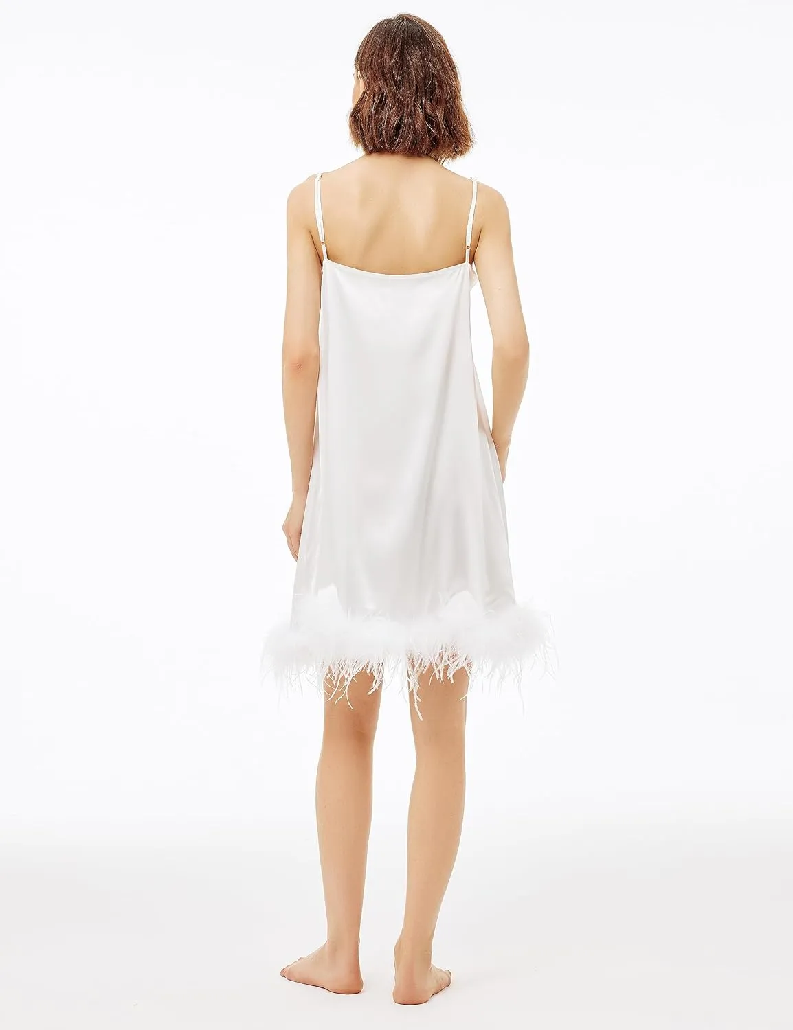 PRODESIGN Women's Full Slips White Spaghetti Strap Under Dress with Fluffy Feathers