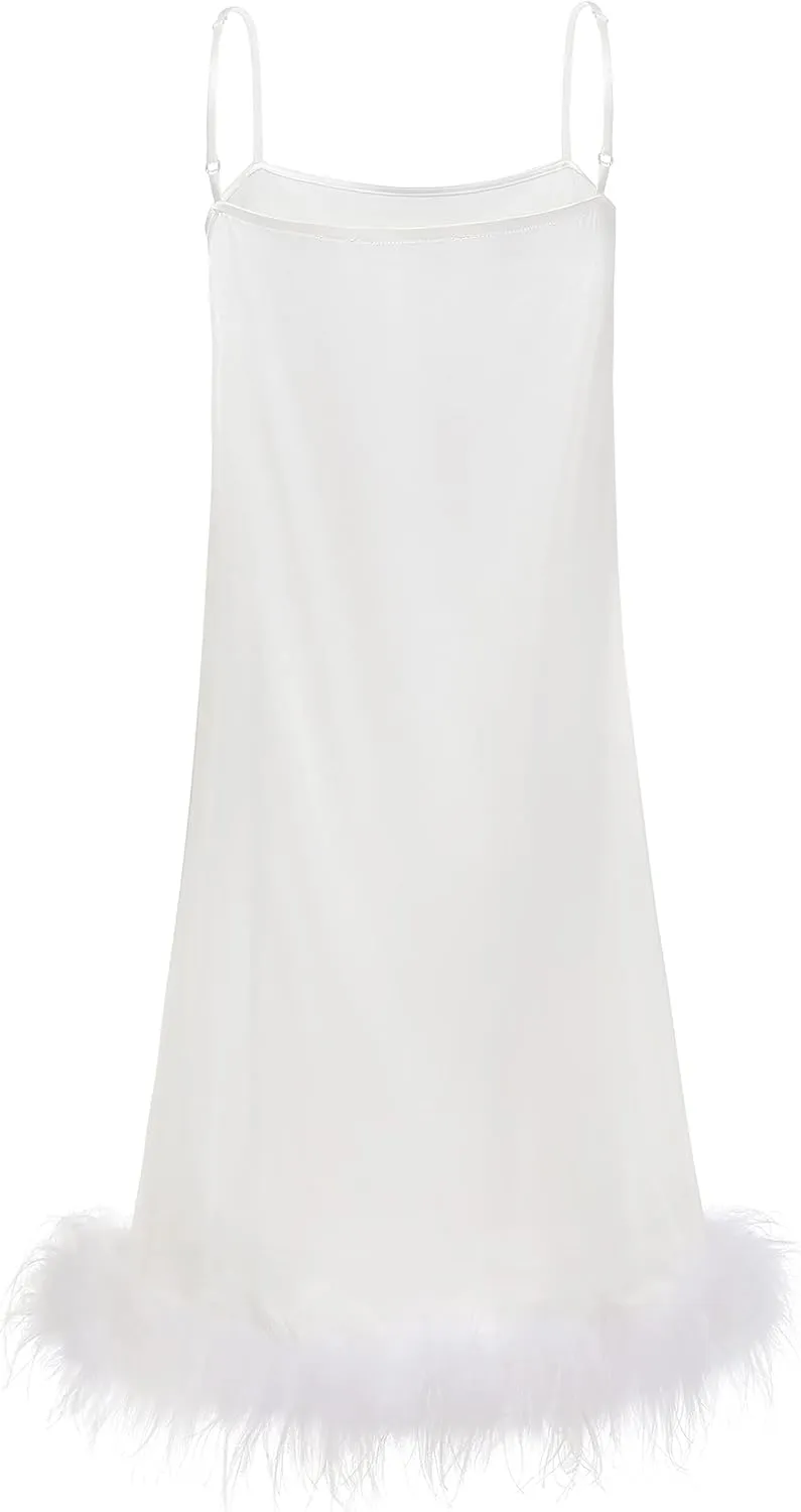 PRODESIGN Women's Full Slips White Spaghetti Strap Under Dress with Fluffy Feathers