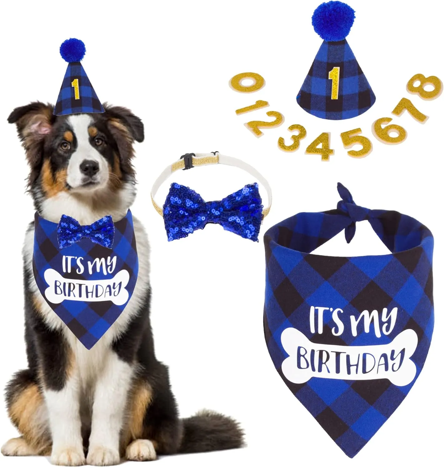 PTDECOR Dog Birthday Party Supplies, Plaid Boy Hat with Numbers It's My Birthday Dog Puppy Bandana with Bow Set (Blue)