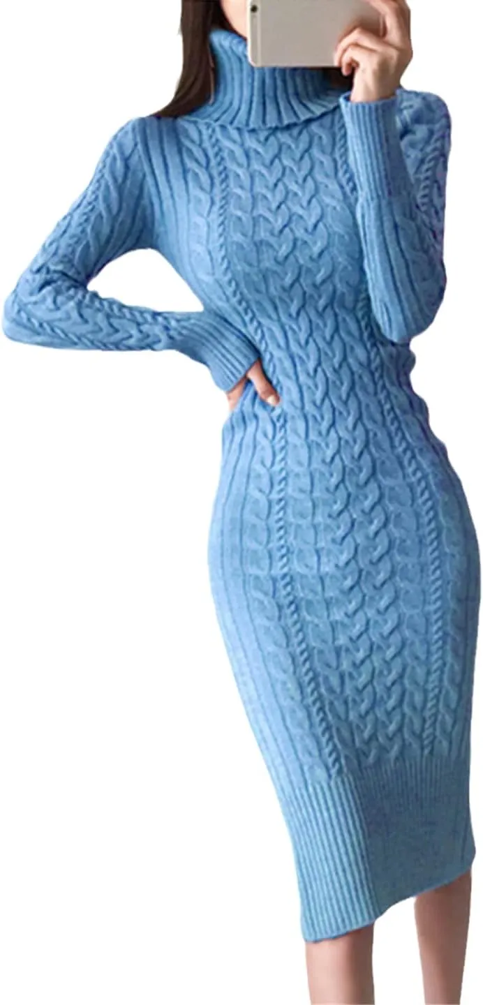 Pulcykp Ladies Knit Turtleneck Long Sleeve Slim Fit Midi Dress Ladies Autumn Winter White Dress
