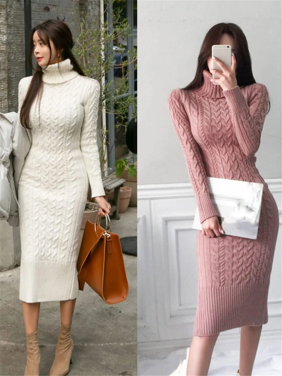 Pulcykp Ladies Knit Turtleneck Long Sleeve Slim Fit Midi Dress Ladies Autumn Winter White Dress