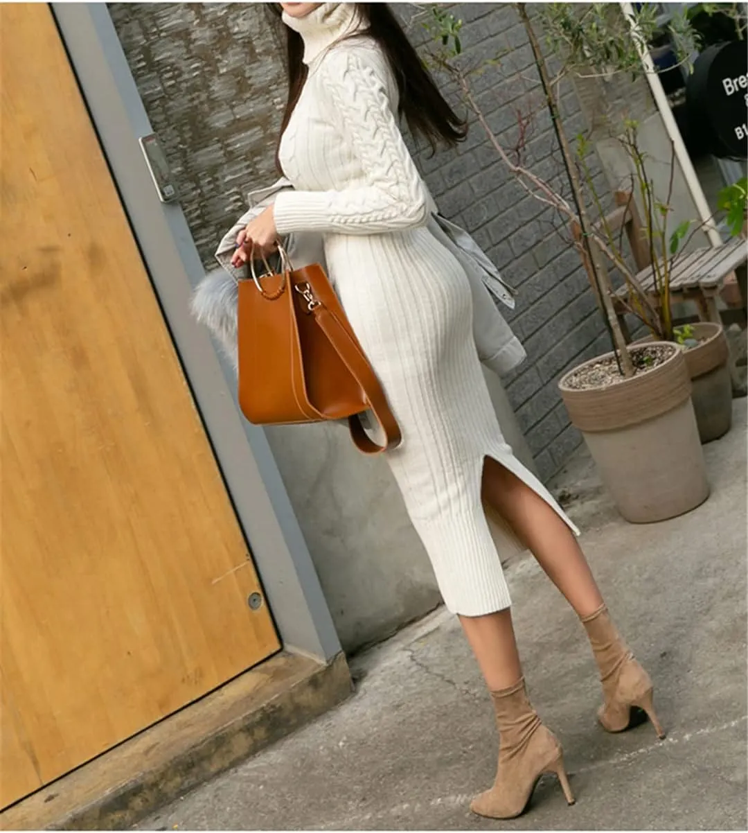Pulcykp Ladies Knit Turtleneck Long Sleeve Slim Fit Midi Dress Ladies Autumn Winter White Dress