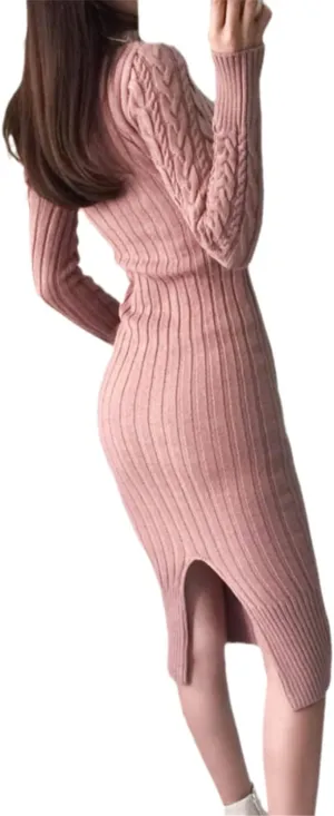 Pulcykp Ladies Knit Turtleneck Long Sleeve Slim Fit Midi Dress Ladies Autumn Winter White Dress