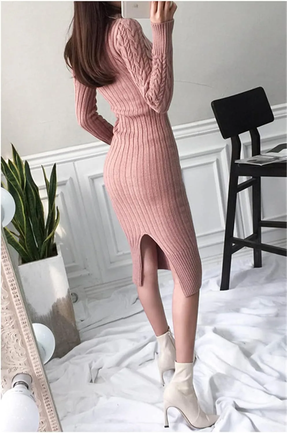 Pulcykp Ladies Knit Turtleneck Long Sleeve Slim Fit Midi Dress Ladies Autumn Winter White Dress