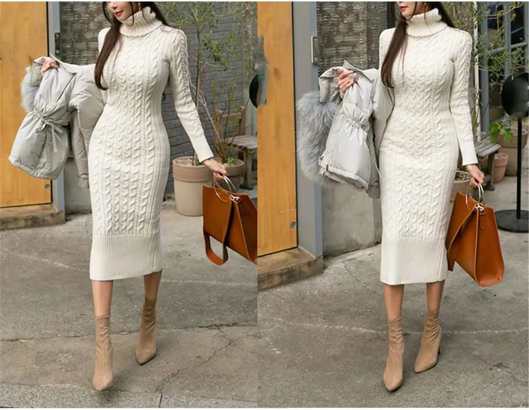 Pulcykp Ladies Knit Turtleneck Long Sleeve Slim Fit Midi Dress Ladies Autumn Winter White Dress