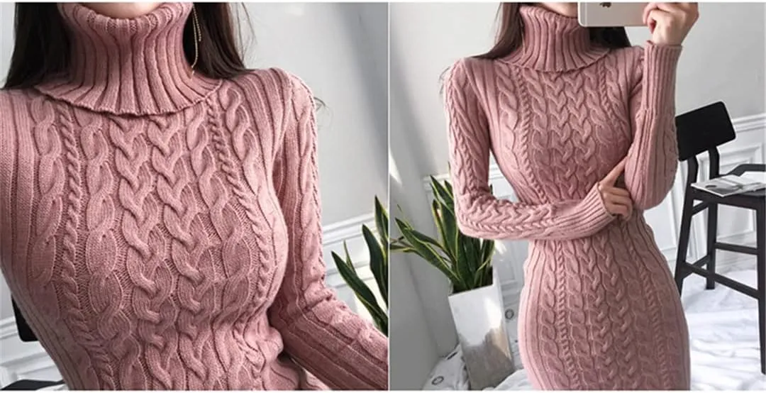 Pulcykp Ladies Knit Turtleneck Long Sleeve Slim Fit Midi Dress Ladies Autumn Winter White Dress
