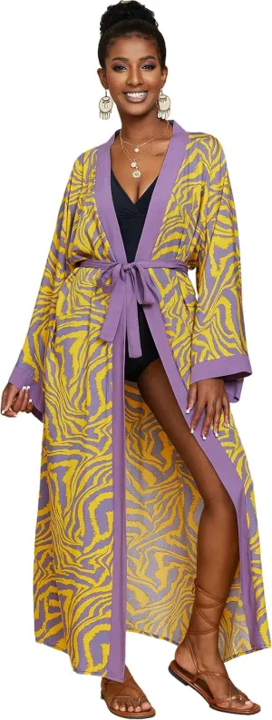 RanRui Yellow Zebra Beach Kimono Loose Open Front Swim Coverups Cotton kimono Robes Swimsuit Cover ups Women Duster Robes with Belt Over Sized kimono dress 1920s kimono 8733-1