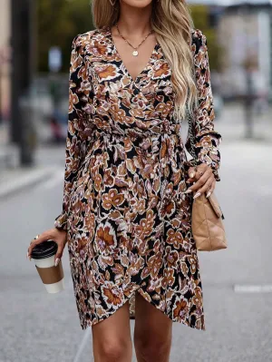 RASNEY Women's Dress Allover Print Wrap Hem Dress - Floral Pattern V Neck Long Sleeve A Line Knee Length Boho Dress Dress IPADSA(Large)
