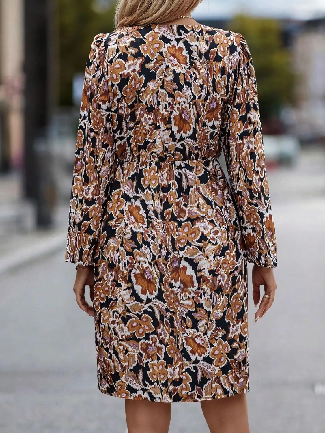RASNEY Women's Dress Allover Print Wrap Hem Dress - Floral Pattern V Neck Long Sleeve A Line Knee Length Boho Dress Dress IPADSA(Large)