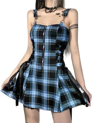Red Plaid Dress for Women Gothic Vintage Mini Dresses Holiday Outfits Emo Punk