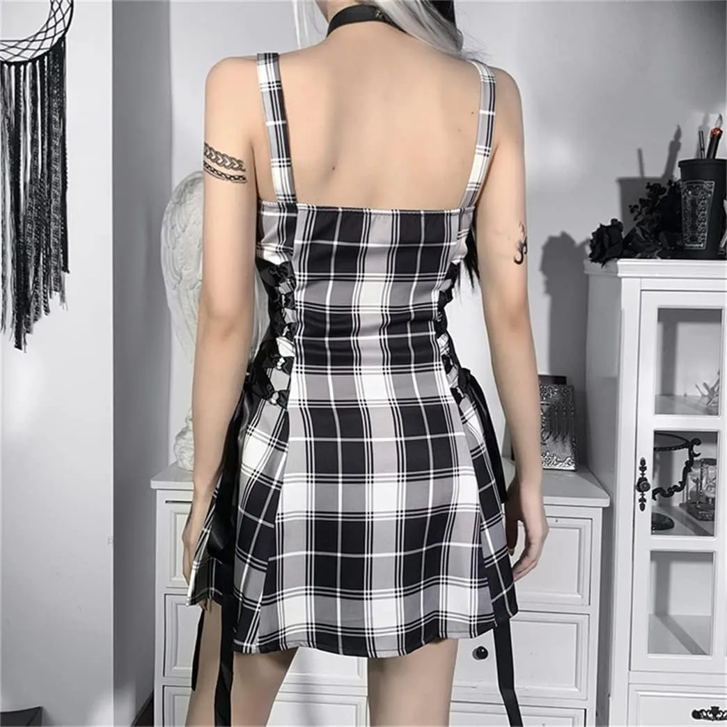 Red Plaid Dress for Women Gothic Vintage Mini Dresses Holiday Outfits Emo Punk