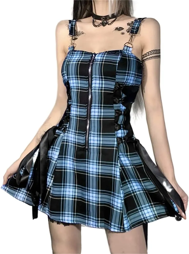 Red Plaid Dress for Women Gothic Vintage Mini Dresses Holiday Outfits Emo Punk