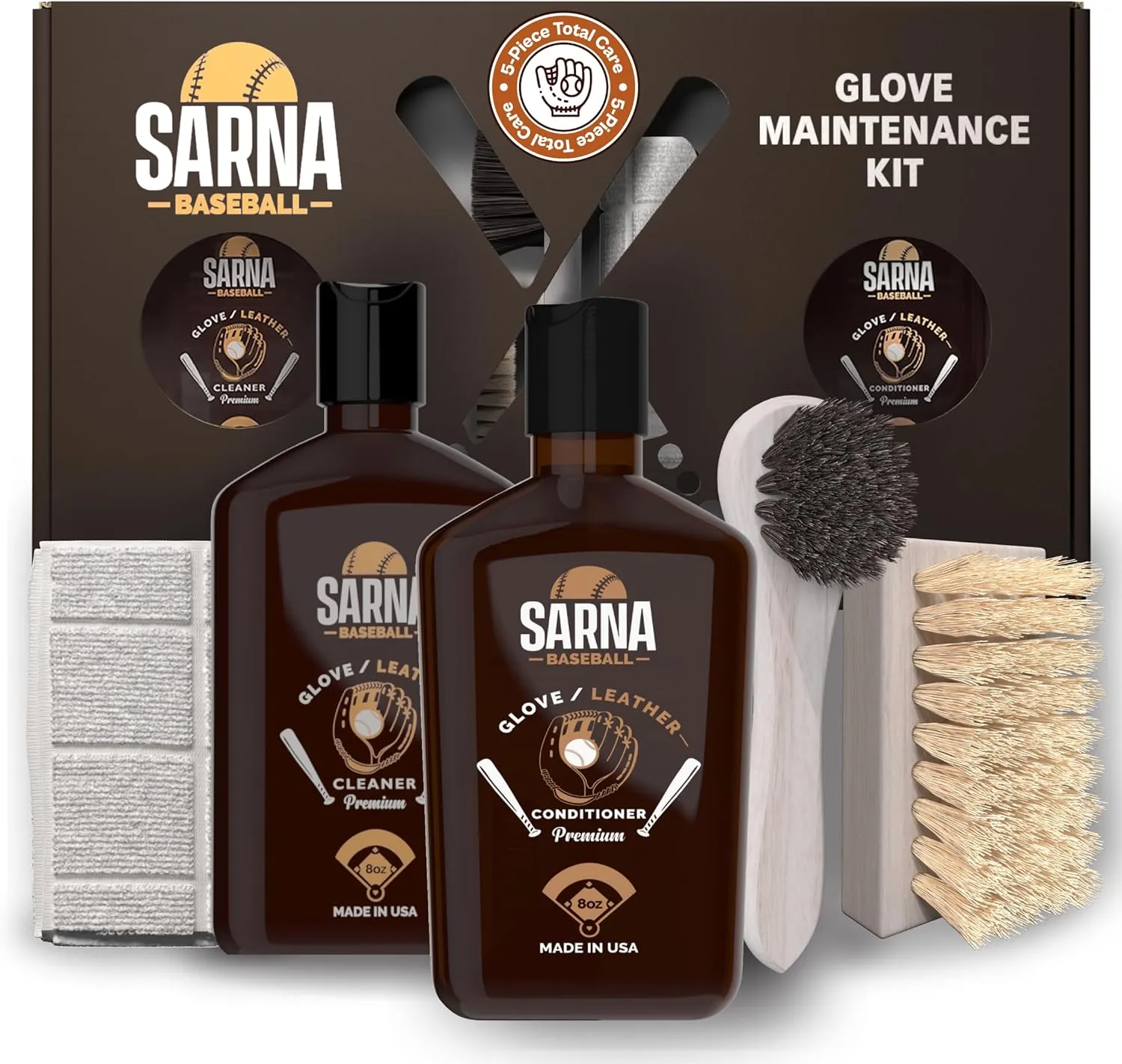 Sarna Glove Conditioner Kit  Includes Cleaner, Soft & Hard Brushes, Microfiber Cloth  Non-Darkening Leather Conditioner for Baseball Gloves, Mitts & Softball Gear  Pro-Grade Care for Longevity