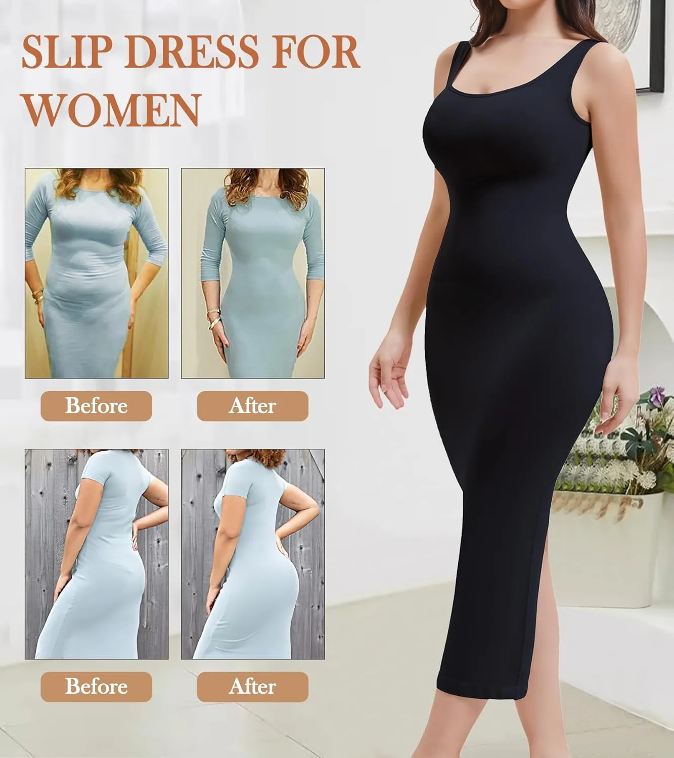 Shapewear Full Slip for Under Dresses, Tummy Control Slip Dress for Women, Square Neck Long Slimming Dress