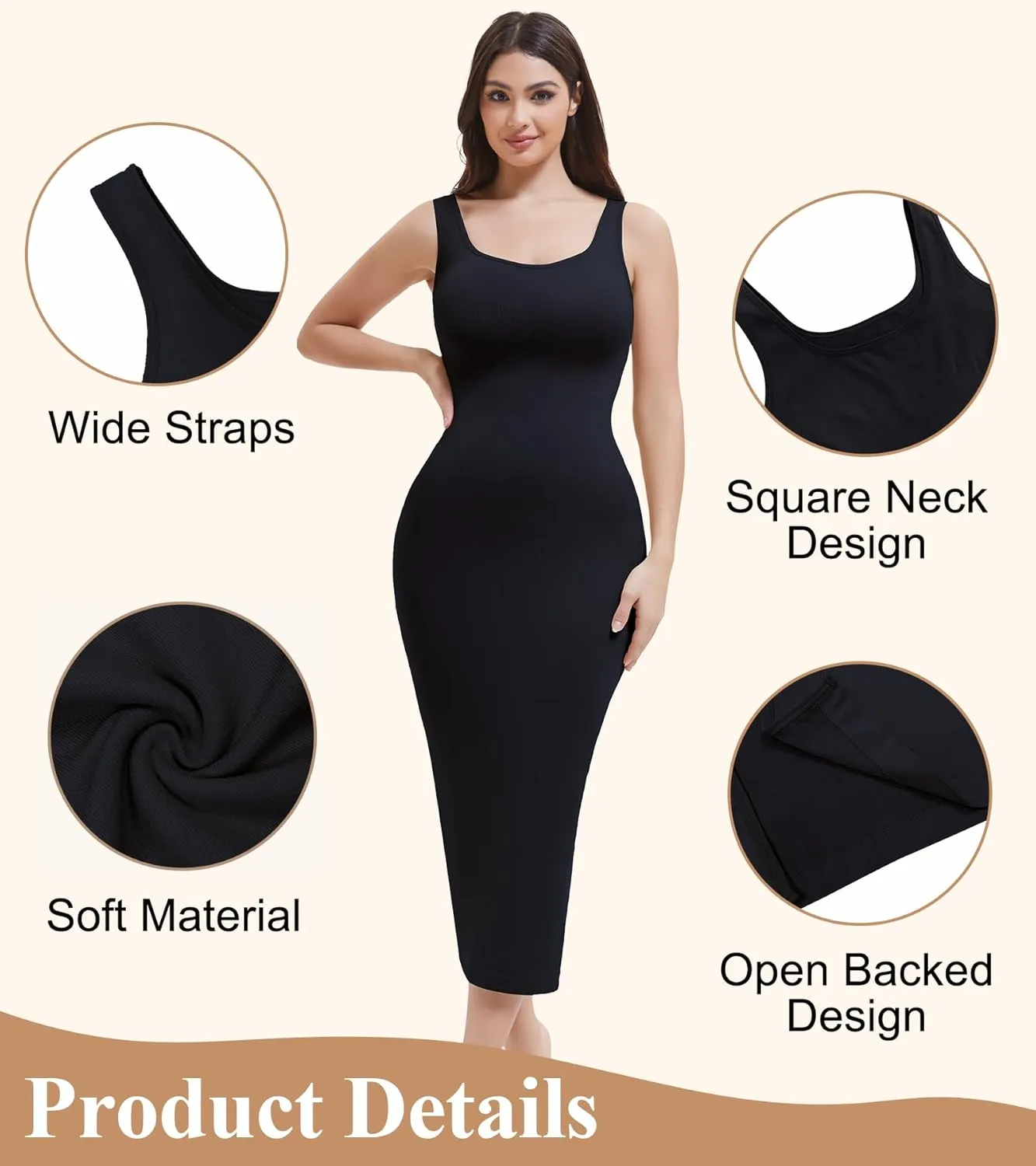 Shapewear Full Slip for Under Dresses, Tummy Control Slip Dress for Women, Square Neck Long Slimming Dress