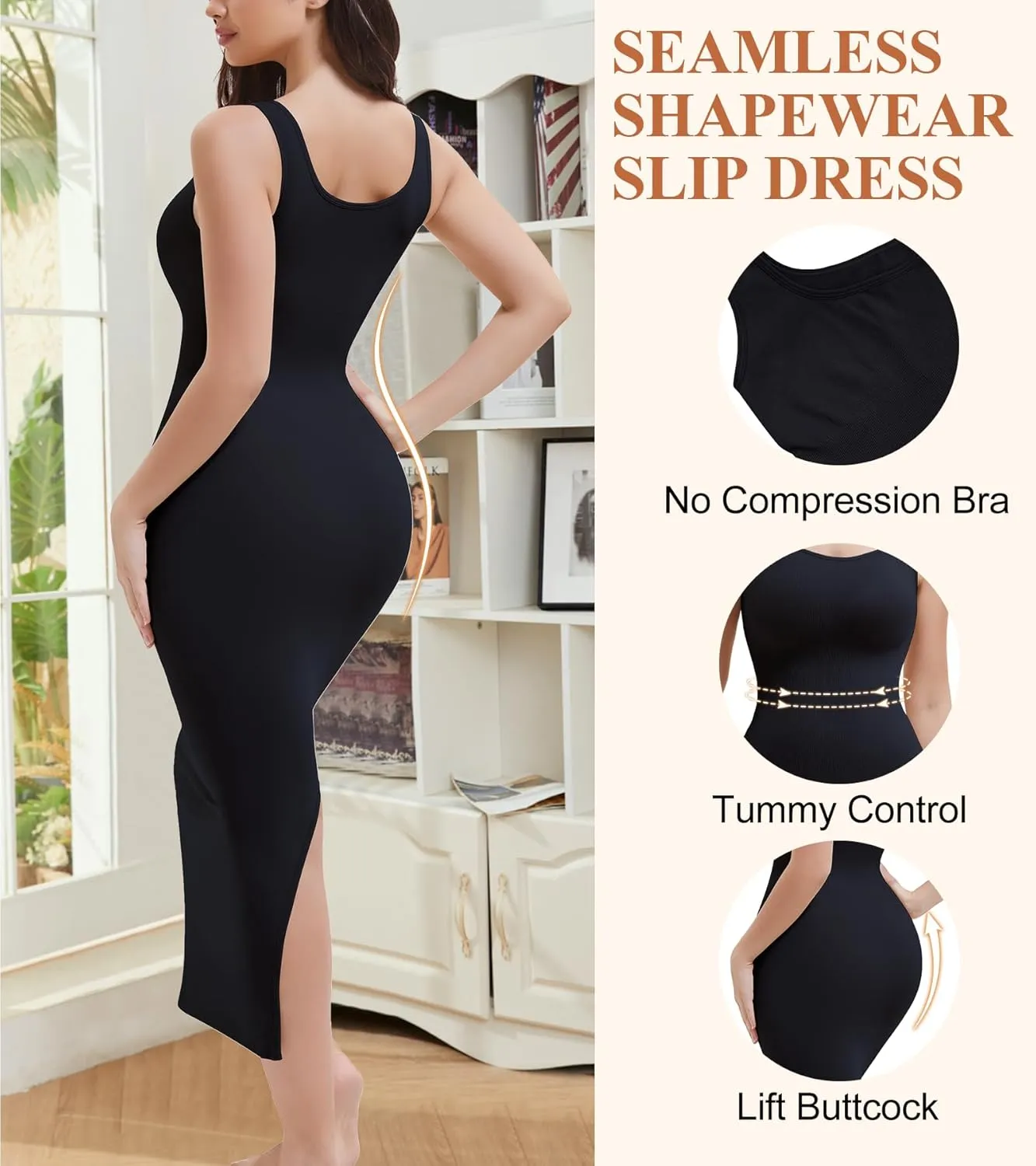 Shapewear Full Slip for Under Dresses, Tummy Control Slip Dress for Women, Square Neck Long Slimming Dress