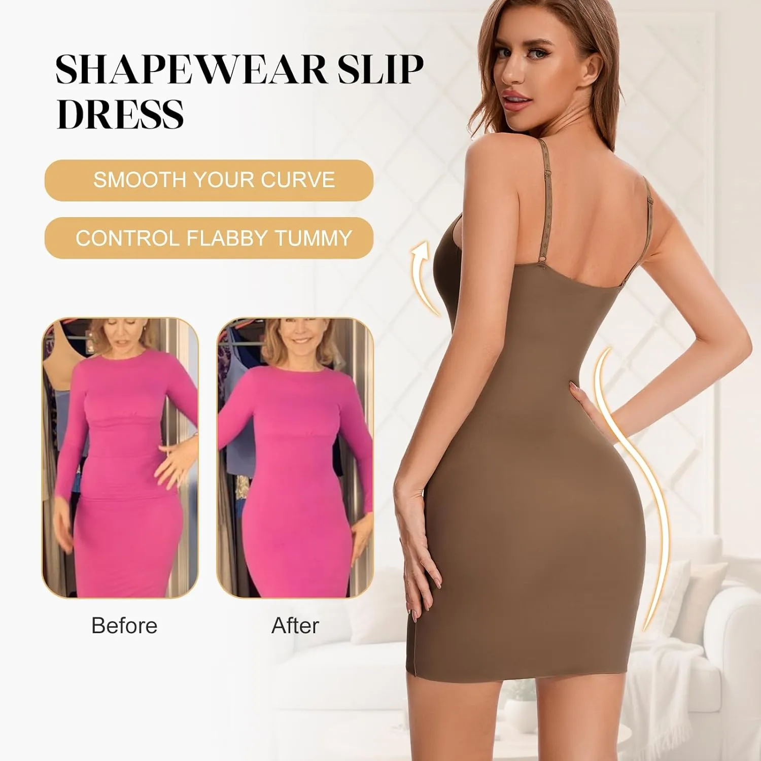 Shapewear Slip Dress for Women Full Slip Body Shaper Tummy Control Under Dress Seamless Spaghetti Strap