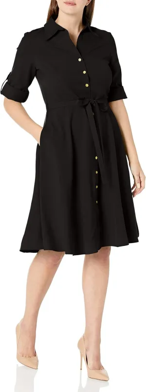 Sharagano Women's Button Front Pleated Shirt Casual Dress, Very Black, 10