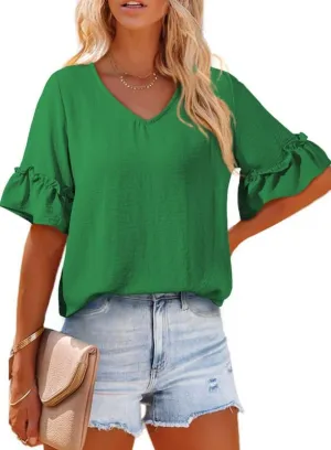 SHEWIN Women's Blouses V Neck Ruffle Short Sleeve Shirts Tops Tunics