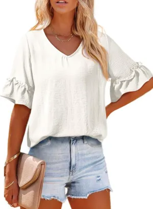 SHEWIN Women's Blouses V Neck Ruffle Short Sleeve Shirts Tops Tunics