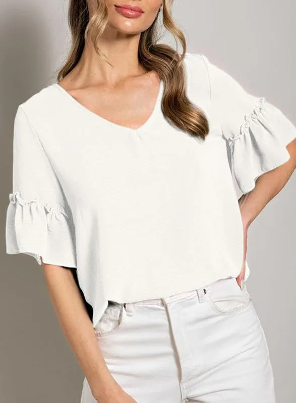 SHEWIN Women's Blouses V Neck Ruffle Short Sleeve Shirts Tops Tunics