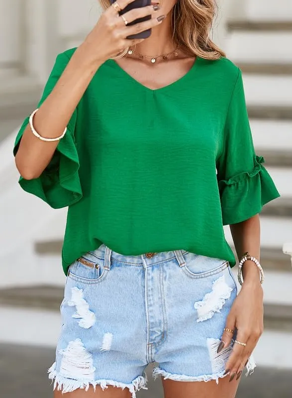 SHEWIN Women's Blouses V Neck Ruffle Short Sleeve Shirts Tops Tunics