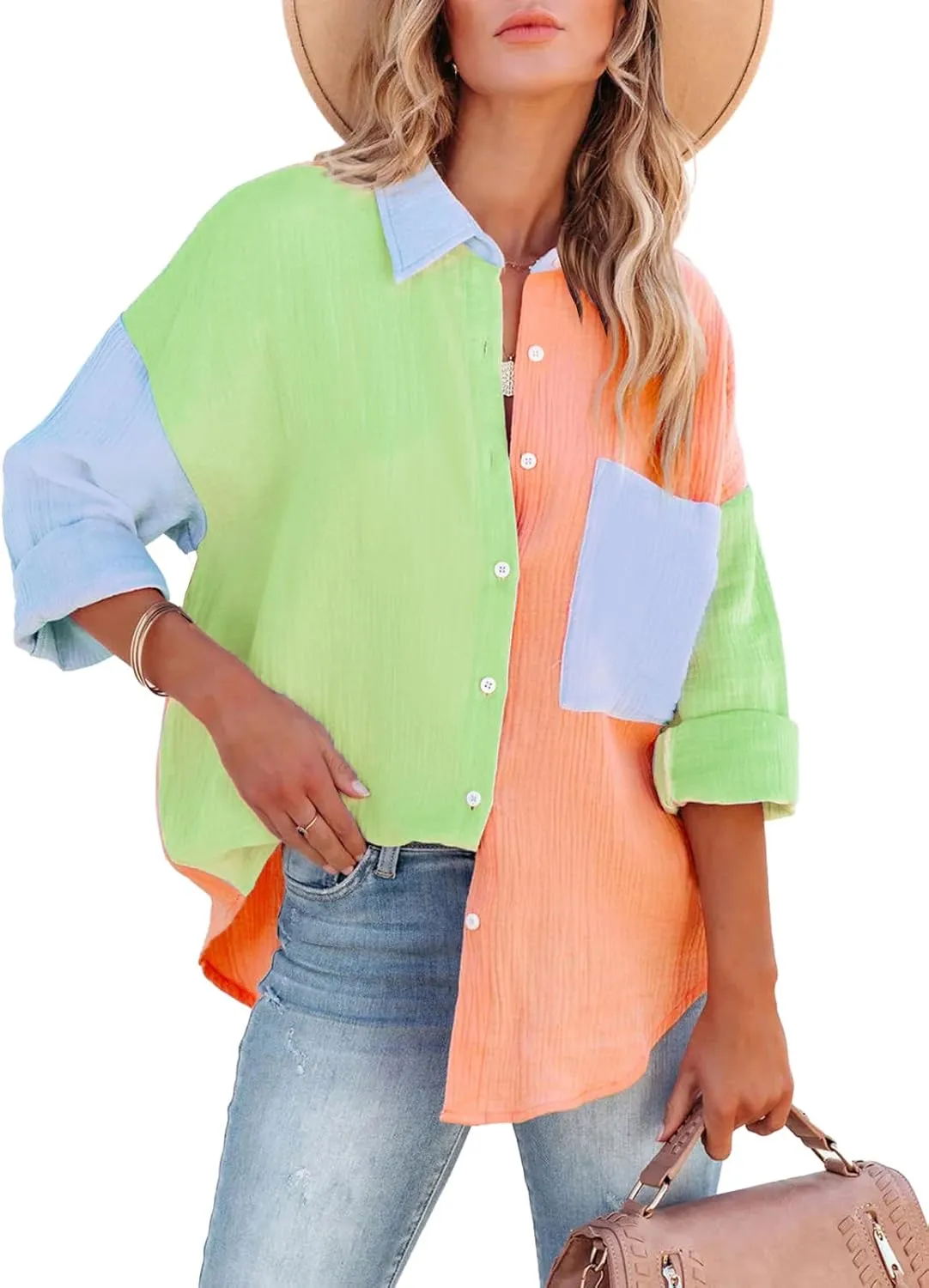 siliteelon Womens Button Down Shirts Cotton Long Sleeve Oversized Boyfriend Blouses Collared Dress Tops with Pockets - Green Orange Colorblock XXL