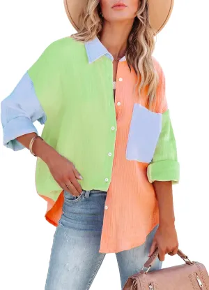 siliteelon Womens Button Down Shirts Cotton Long Sleeve Oversized Boyfriend Blouses Collared Dress Tops with Pockets - Green Orange Colorblock XXL