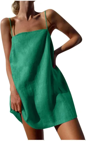Sleeveless Slip Off Shoulder for Women Fall Summer Linen Mini Short Loose Fit Plain Dresses Women 2025 Trendy Y2K