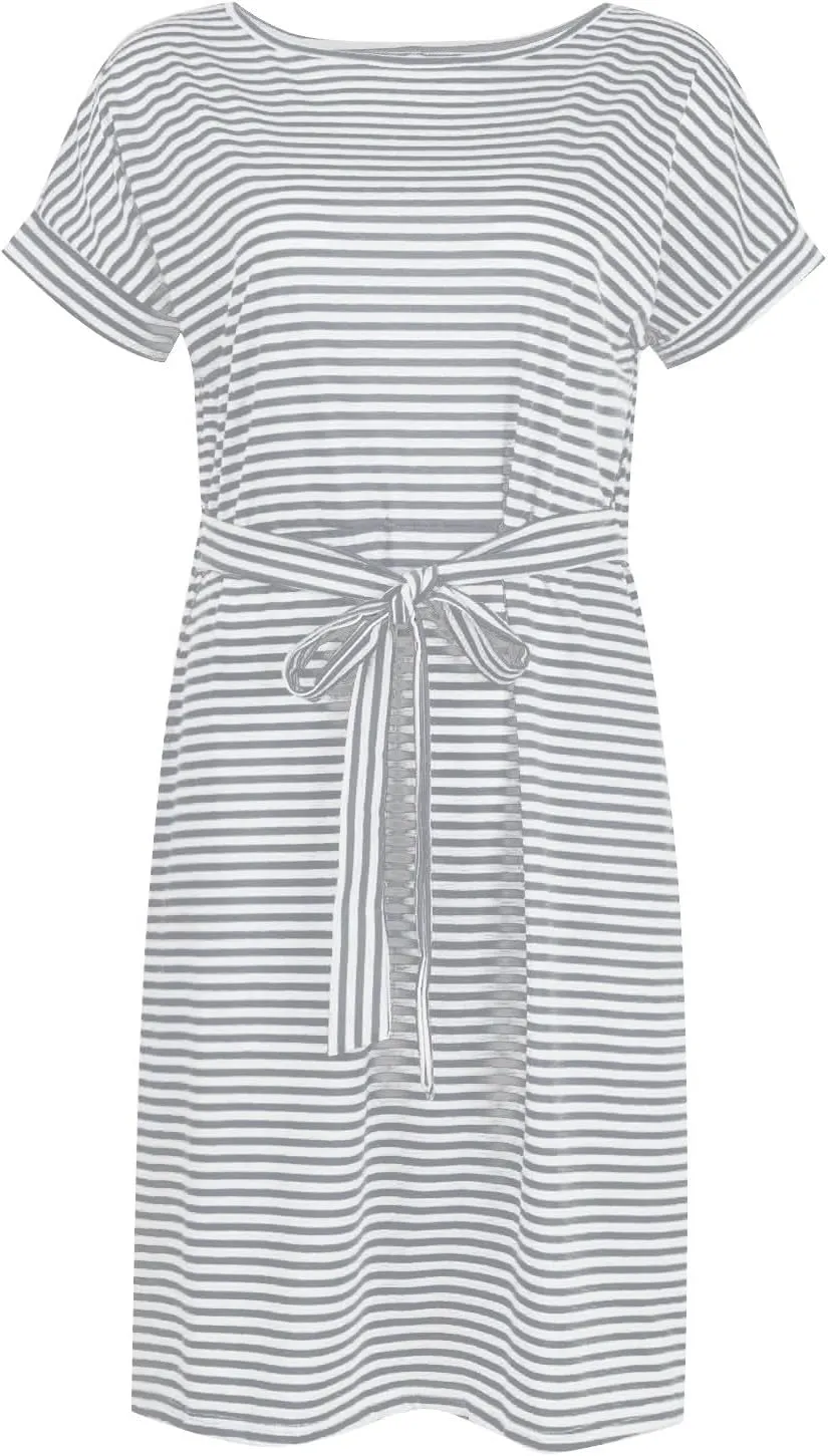 Striped Tshirt Dress Women Cotton Tie Waist Casual Summer Dresses Boat Neck Short Sleeve Wrap Dress Belted Midi Dress