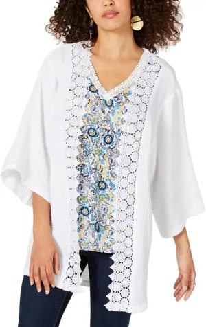 Style & Co. Womens Cotton Lace Trim Kimono White S/M