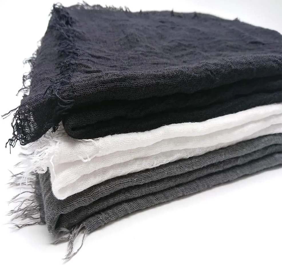 Summer Cotton Blend Crinkle Vintage Soft Scarf with Fringed Edges 35"  70"