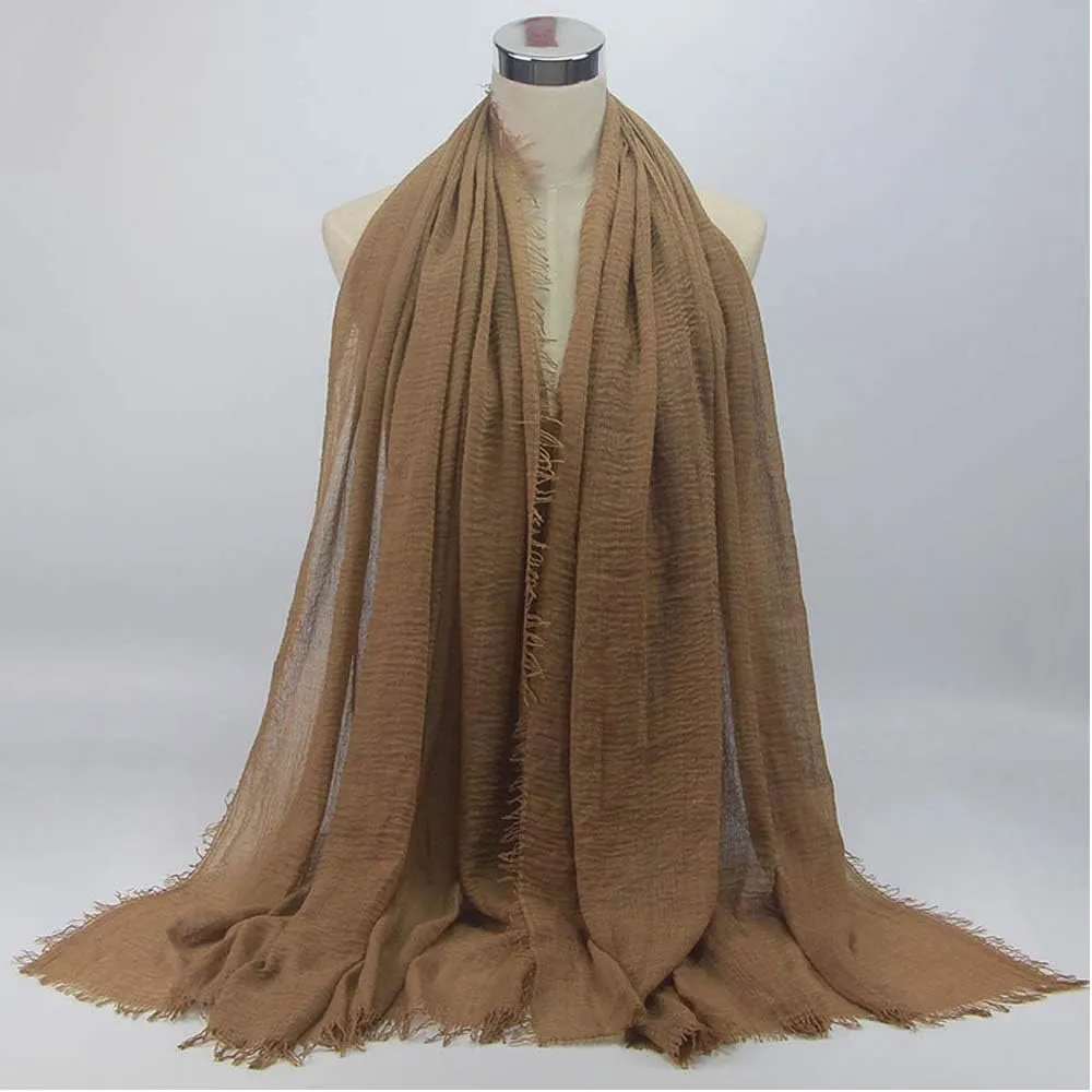 Summer Cotton Blend Crinkle Vintage Soft Scarf with Fringed Edges 35"  70"